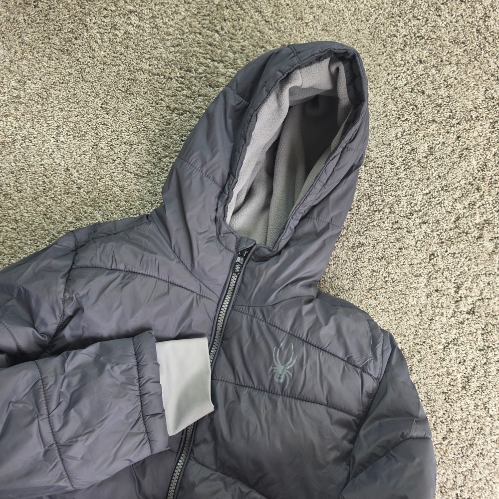Spyder Puffer Jacket Kids Size Medium 10/12 Gray Hooded Fleece Lined Winter Coat